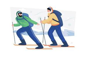 Ski instructor teaching beginners to ski. vector