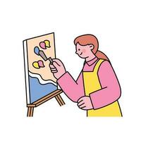 One day class workshop. People are learning new skills. Artist painting on an easel. vector