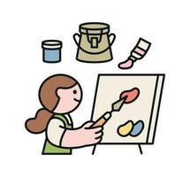 One day class workshop. People are learning new skills. Illustration of geometric design. Drawing a picture on an easel. vector