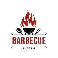 Barbecue restaurant - minimalist logo concept. Logo of Barbecue, Grill and Bar with fire, grill fork and spatula. BBQ logo template. Grunge texture. Vector illustration