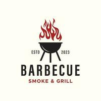 Barbecue restaurant - minimalist logo concept. Logo of Barbecue, Grill and Bar with fire, grill fork and spatula. BBQ logo template. Grunge texture. Vector illustration