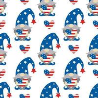 Patriotic gnomes by July 4th seamless vector pattern. American Independence Day. Cute dwarf with a beard holding a heart with USA flag. Leprechaun in a cap with stars. Flat cartoon background for web