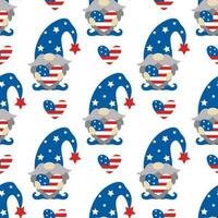 Patriotic gnomes by July 4th seamless vector pattern. American Independence Day. Cute dwarf with a beard holding a heart with USA flag. Leprechaun in a cap with stars. Flat cartoon background for web