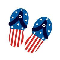 American flag flip flops vector icon. Pair of beach sandals with stars, stripes for July 4th. Shoes for USA Independence Day. Slippers for summer sea vacation. Flat cartoon clipart for print, cards