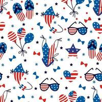 America Independence Day seamless vector pattern. Symbol of summer sea vacation - USA flag swimsuit, sunglasses, kite, flip flops, balloons. Patriotic holiday July 4th. Flat cartoon background for web