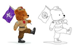 Teddy bear cartoon in scout uniform carrying flag with scout world symbol. Coloring book or page vector