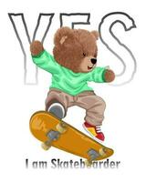 Vector illustration of teddy bear playing skateboard on typography background
