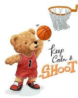 Hand drawn vector illustration of teddy bear playing basketball