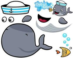 Vector illustration of whale cartoon wearing sailor hat with little fish. Cutout and gluing