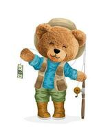 Vector illustration of bear doll in fisherman costume holding fishing tackle with money