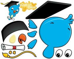 Vector illustration of bird cartoon wearing graduation hat carrying diploma. Cutout and gluing