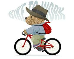Vector illustration of teddy bear cycling wearing cowboy hat carrying backpack