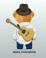 Vector illustration of teddy bear carrying acoustic guitar on it back