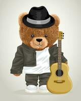 Vector illustration of teddy bear in musician costume with acoustic guitar
