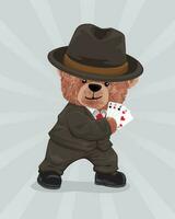 Vector illustration of teddy bear in suit wearing bowler hat holding aces playing card