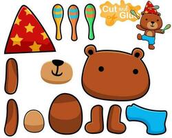 Vector illustration of cartoon bear juggling skittles in circus show. Cutout and gluing