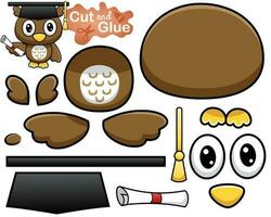 Vector illustration of owl cartoon wearing graduation hat holding diploma. Cutout and gluing