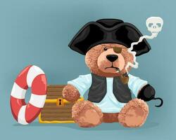 Vector illustration of teddy bear in pirate costume with treasure chest and life buoy