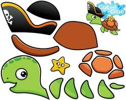 Cartoon of turtle wearing pirate hat with starfish on its back. Cutout and gluing vector