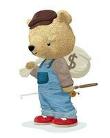 Vector illustration of bear doll carrying money bag while holding fishing tackle