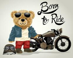 Hand drawn vector illustration of teddy bear in biker costume with motorcycle