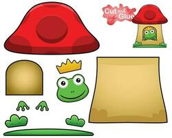 Vector illustration of cartoon frog with crown in mushroom house. Cutout and gluing