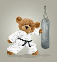 vector illustration of bear doll wearing karate costume hitting punching bag