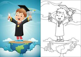 Boy cartoon in graduation gown standing on half globe while holding diploma and trophy vector