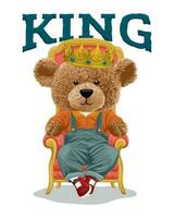 vector illustration of bear doll wearing crown sitting on throne