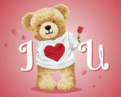 Hand drawn vector illustration of teddy bear in apparel with heart picture holding flower