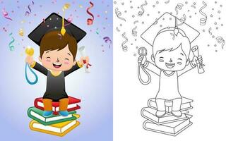 Cartoon boy in graduation costume sitting on book stack while holding medal and diploma vector