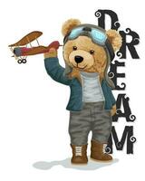 vector illustration of bear doll in pilot costume holding airplane toy