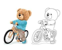 Hand drawn vector illustration of teddy bear with bicycle. Coloring book or page