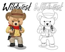 Hand drawn vector illustration of teddy bear in cowboy costume with gun. Coloring book or page