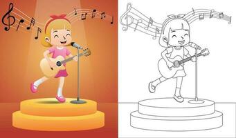 vector ilustración de un pequeño niña canto mientras jugando guitarra en etapa