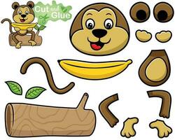 Cartoon of monkey sitting on tree trunk while holding big banana. Cutout and gluing vector