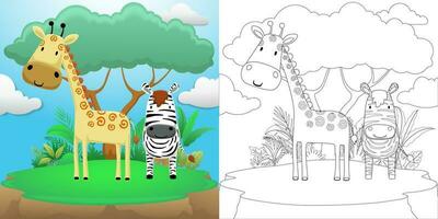 Cartoon of giraffe and zebra on trees background in forest vector