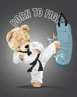 Hand drawn vector illustration of bear doll wearing karate costume kicking punching bag