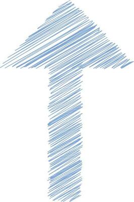 Doodle sketch of up arrow in blue color.