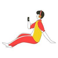 Cartoon young boy listening music in headphone while using smartphone. vector