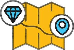 Diamond treasure map location center icon in yellow and blue color. vector