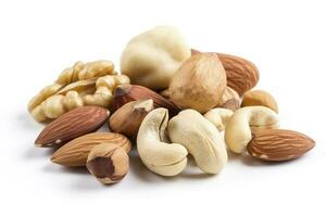 Cashew nuts, almond, hazelnut and blanched peanuts isolated on white background, generate ai photo