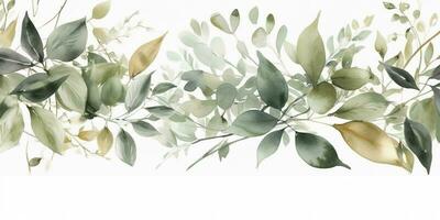 Watercolor seamless border - illustration with green gold leaves and branches, for wedding stationary, greetings, wallpapers, fashion, backgrounds , generate ai photo