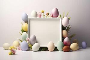 Colorful Easter Eggs with white frame copy space , photo