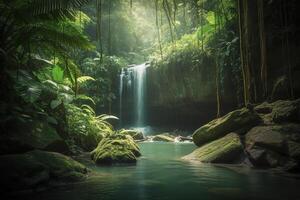 cascada en un tropical selva generativo ai foto