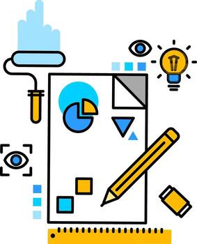 Drawing or Designing tools like as new page with create shape, eraser, ruler view coloring idea concept icon. vector