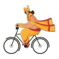 dibujos animados Rey Mahabali montando un bicicleta en blanco antecedentes. vector
