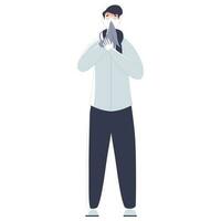 Young Boy Sneezing or Cold and Cough with Napkin. vector