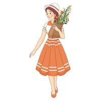 de moda joven niña participación ramo de flores paquete en caminando pose. vector
