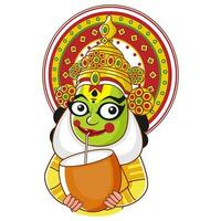 Cartoon Character of Kathakali Dancer Enjoy Coconut Drink. vector